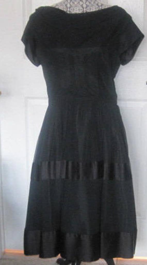 Vintage Black Cocktail Dress, 1950's Satin And Ch… - image 1