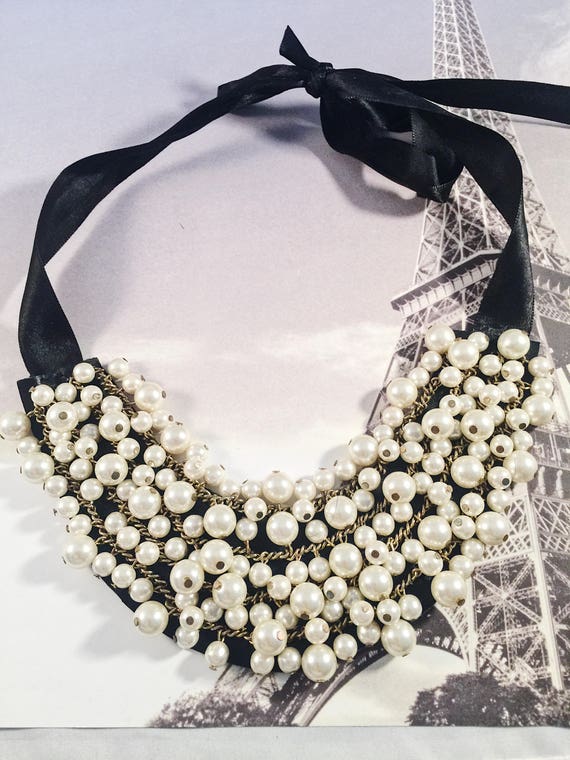 Pearl Bib Necklace, Hand Designed, Ribbon and Dangle Pearls
