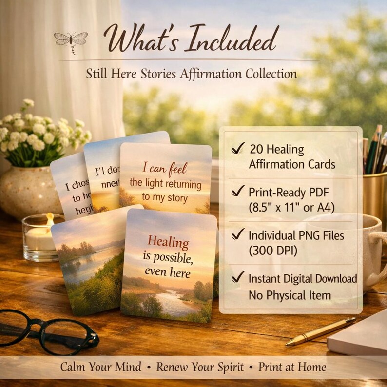 Może przedstawiać: Cyfrowa oferta produktu Still Here Stories Affirmation Collection, zawierająca 20 kart z afirmacjami uzdrawiającymi, zdjęciami krajobraz&oacute;w, tekstem oraz listą dołączonych plik&oacute;w, takich jak gotowe do druku pliki PDF i pojedyncze pliki PNG.