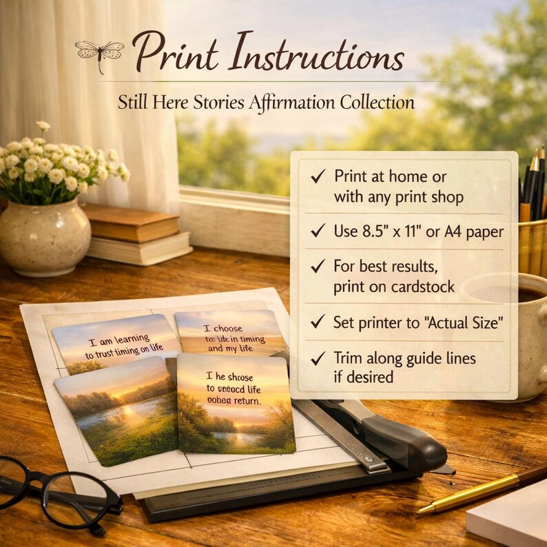 Może przedstawiać: Zestaw wydrukowanych kart afirmacyjnych z krajobrazami i tekstem, wraz z dokumentem zatytułowanym Print Instructions for the Still Here Stories Affirmation Collection, zawierającym instrukcje drukowania na papierze formatu A4.