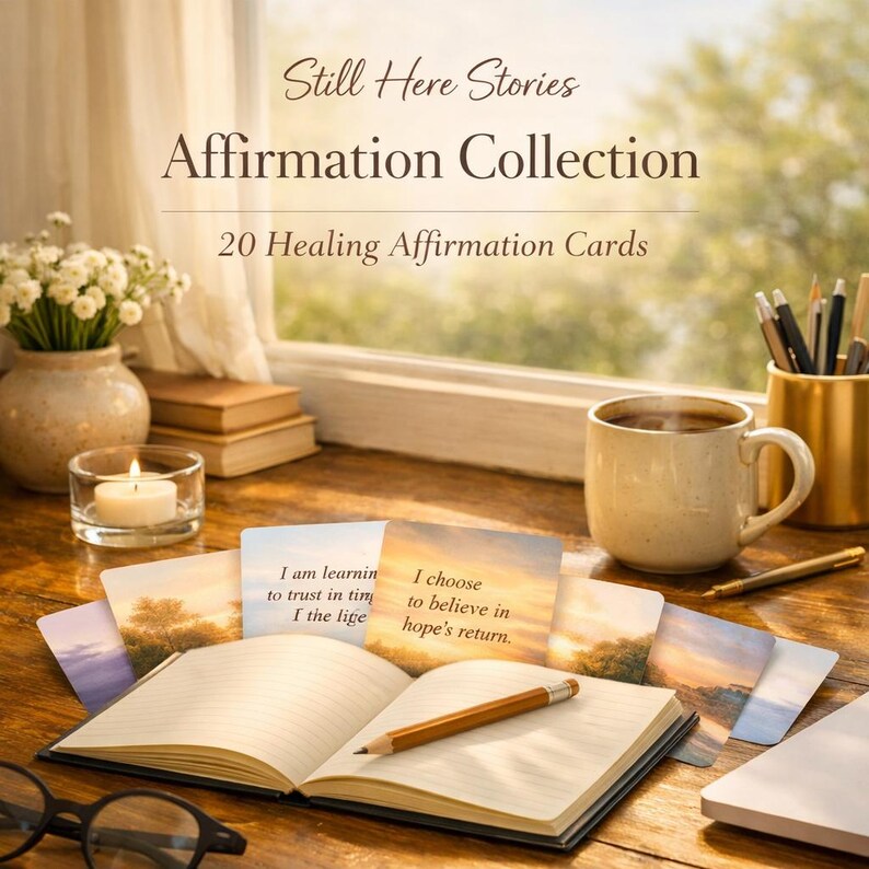 Może przedstawiać: Zestaw 20 kart Still Here Stories Affirmation Collection z krajobrazami i tekstem. Karty są wyeksponowane wraz z otwartym notatnikiem, oł&oacute;wkiem, ceramicznym kubkiem, wazonem z białymi kwiatami oraz okularami na drewnianej powierzchni.