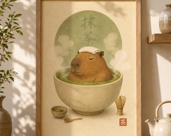 Capybara Matcha Art Print, Japandi Animal Poster, Cozy Kitchen Decor (Digital Download)