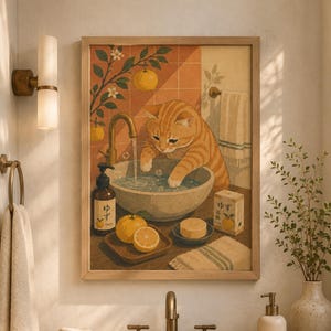 May include: A framed illustration depicts an orange tabby cat playing in a bathroom sink. The artwork features a warm color palette with oranges, browns, and creams. The scene includes a faucet, soap, and citrus fruit, with Japanese text.