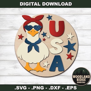 May include: A wooden cutout featuring a goose wearing sunglasses and a bandana, with the letters "USA" and star accents. The design is in red, white, and blue, with the text "DIGITAL DOWNLOAD" at the top.