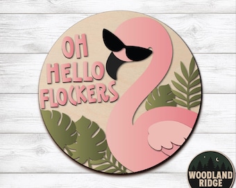 Archivo SVG para colgar en la puerta con diseño de flamenco, estilo tropical veraniego, para corte láser (descarga digital).
