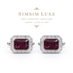 Manschettknappar i rubin och moissanit för män, lyxiga manschettknappar i sterlingsilver, present till bröllop och brudgum, manschettknappar i röd ädelsten, SimSim Luxe-smycken