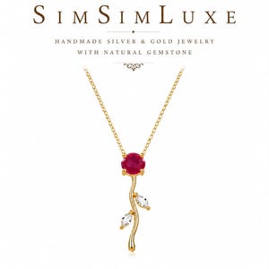 Natural Ruby Pendant Necklace With Chain, 925 Sterling Silver 18K Gold Plated, Genuine Ruby Jewelry, Floral Ruby Pendant, July Birthstone