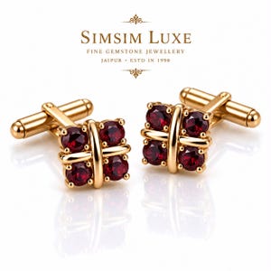 Natural Ruby Cufflinks, 925 Sterling Silver 18K Gold Plated Men’s Cuff Links, Red Gemstone Luxury Wedding Formal Gift for Him