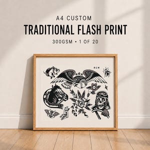 A4 Traditional Tattoo Flash Print | Black & Grey Old School Wall Art (Limited Edition)