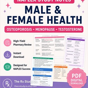 Op de afbeelding: Een digitale PDF-download met studienotities over mannelijke en vrouwelijke gezondheidsonderwerpen, waaronder osteoporose, menopauze en testosteron. Het ontwerp bevat roze en paarse accenten, met tekst zoals "High-Yield Pharmacy Review".