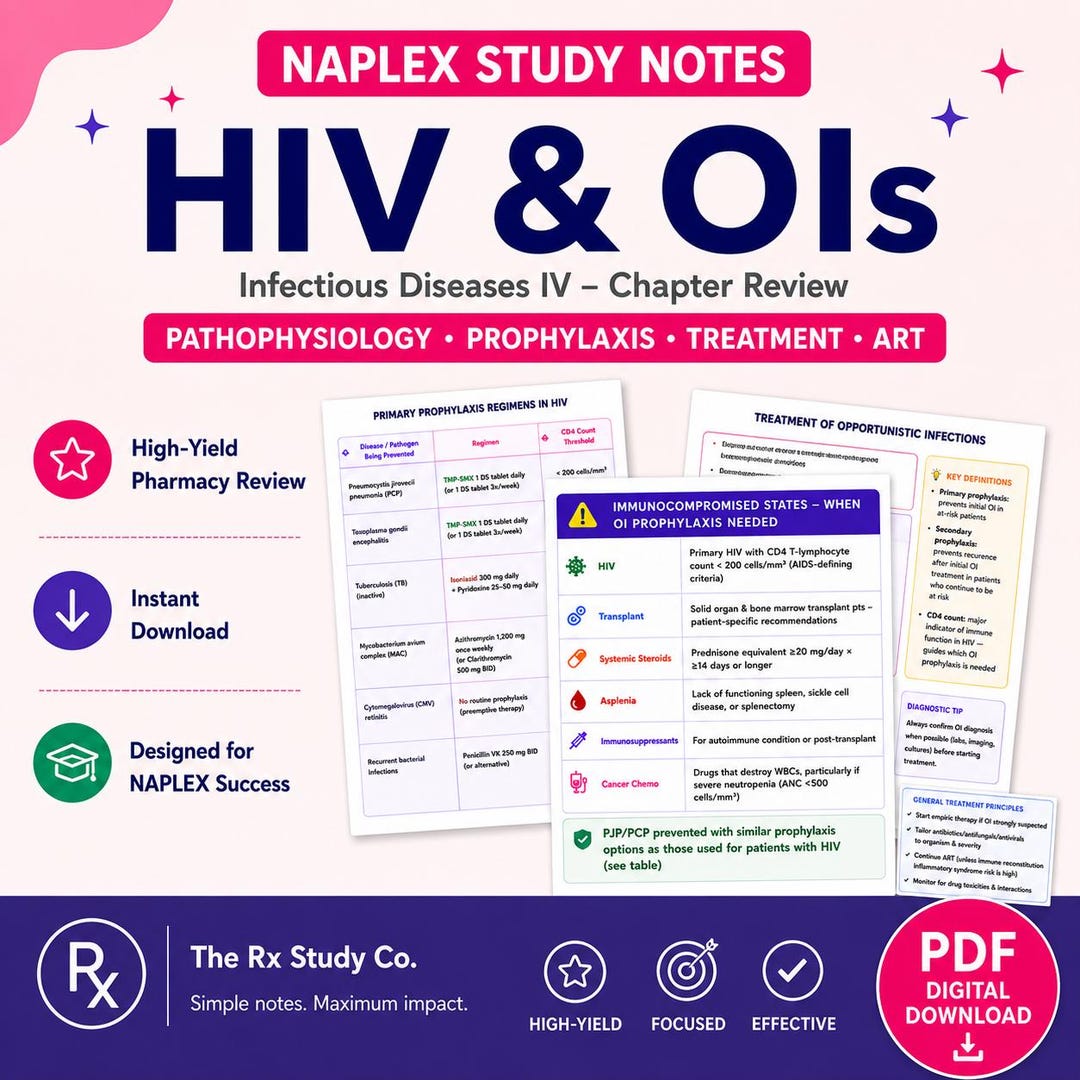 HIV NAPLEX Study Notes | ART, Opportunistic Infections Pharmacy Review ...