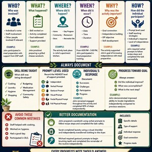 May include: A dark blue educational infographic titled DSP Progress Notes Cheat Sheet. It outlines the 5 W's + H documentation guide, prompt levels, and the golden rule for progress notes, featuring icons, checklists, and examples for care staff.