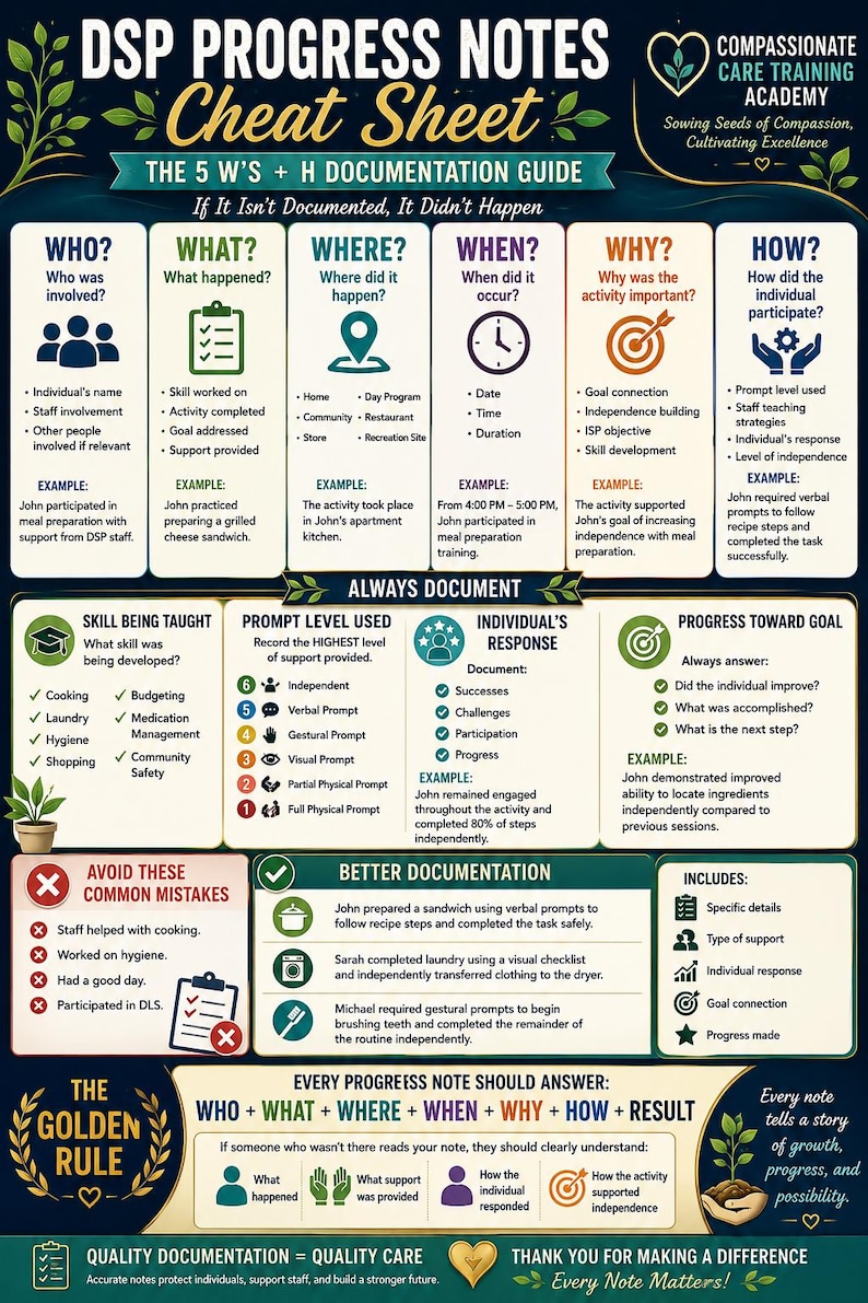 May include: A dark blue educational infographic titled DSP Progress Notes Cheat Sheet. It outlines the 5 W's + H documentation guide, prompt levels, and the golden rule for progress notes, featuring icons, checklists, and examples for care staff.
