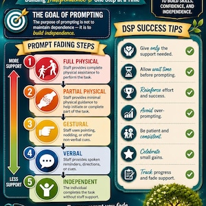 May include: An educational infographic titled Prompt Fading Guide, featuring a five-step hierarchy from full physical to independent support. It includes DSP success tips, a color-coded support scale, and illustrations of a watering can and tree.