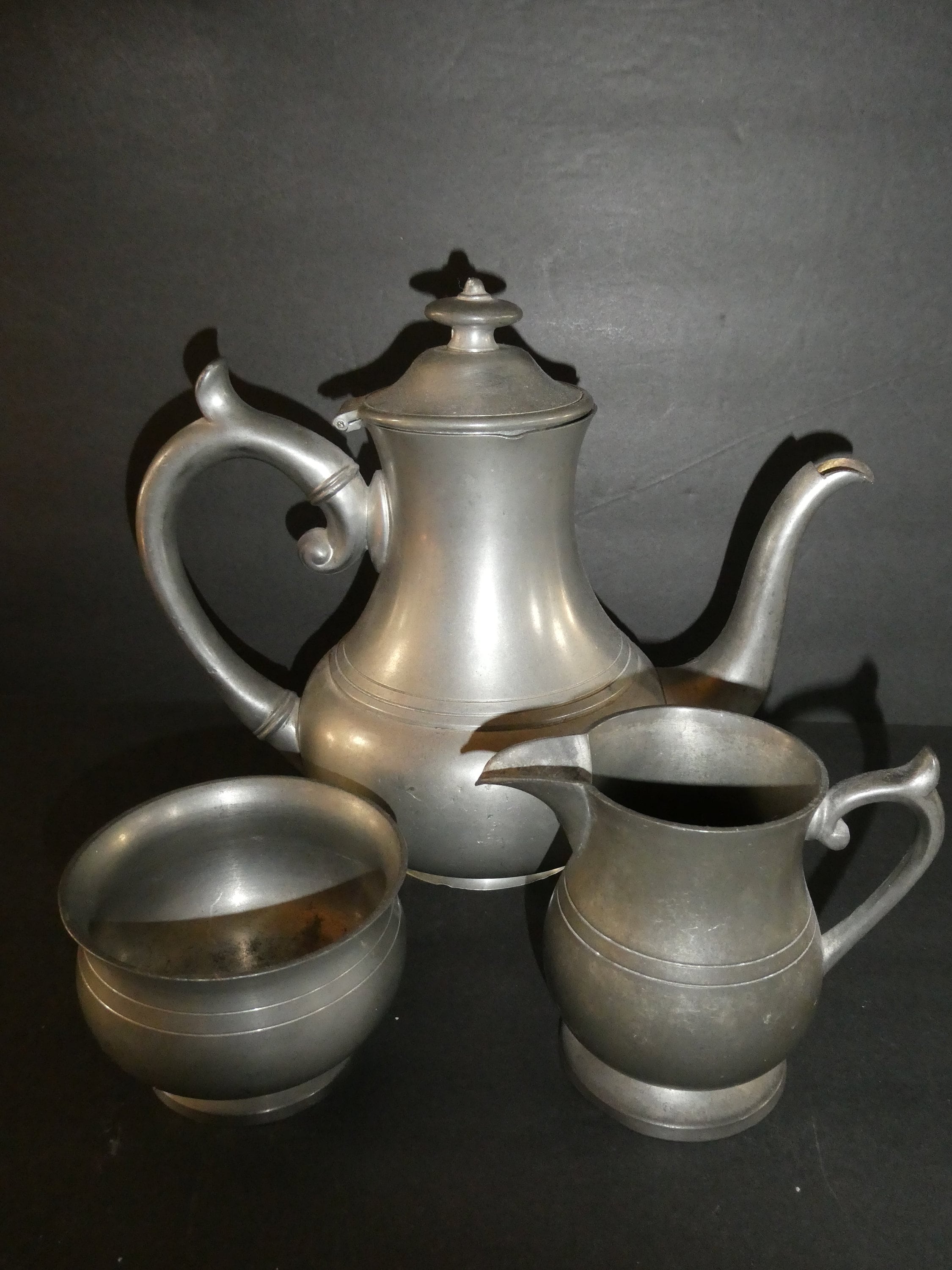 Vintage 4 NEW VIEW Pewter Miniature Teapot Pitcher Cup Saucer Card