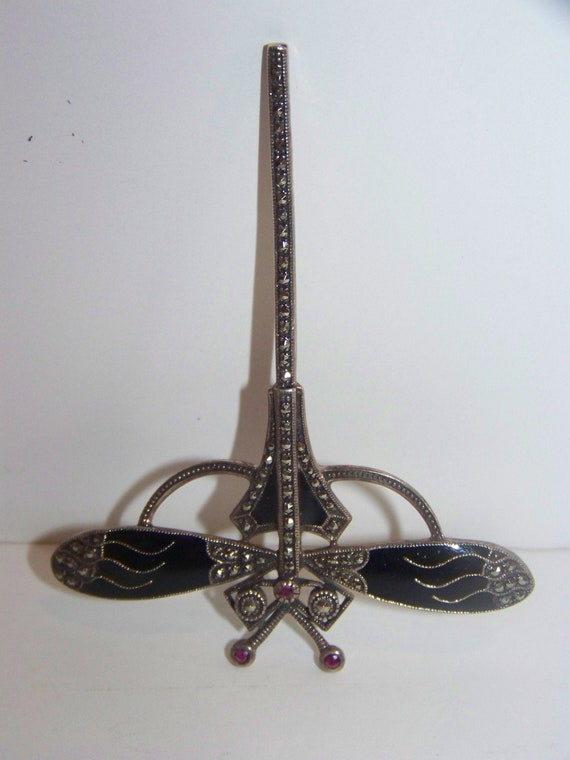 Dragon fly brooch SS marcasite w rubies onyx