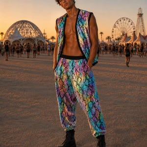 May include: A sleeveless waistcoat and matching joggers featuring a vibrant, iridescent, multi-coloured snakeskin pattern with black trim. The waistcoat is open-front, and the joggers have an elastic waistband and cuffs, paired with black lace-up combat boots.