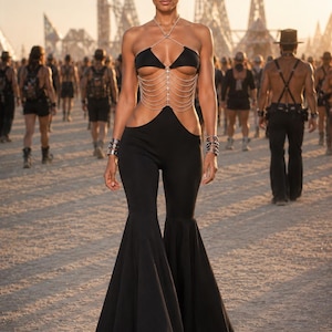 May include: A black jumpsuit featuring a halter-style bodice with triangular cups, connected by a series of silver-toned chain drapes across the midriff. The garment has cut-out sides and flared pant legs that extend to the floor in a solid black fabric.