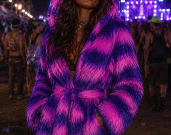 Purple Pink Faux Fur Rave Robe with Cat Ears Hood, Festival Coat, Burning Man Outfit, Festival Jacket, Cozy Plush Hooded Kimono, MuseByMax