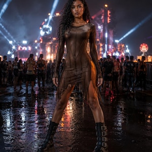 May include: A dark brown, long-sleeved, sheer mesh dress with a distressed, uneven hemline and visible seam detailing, paired with black, multi-buckle platform boots. The dress features a fitted silhouette and a round neckline.