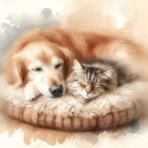 Puede incluir: Pintura a la acuarela de un golden retriever y un gato atigrado durmiendo plácidamente. Están acurrucados en una cama para mascotas suave y clara con un borde a rayas. La imagen tiene una paleta de colores suaves y cálidos.