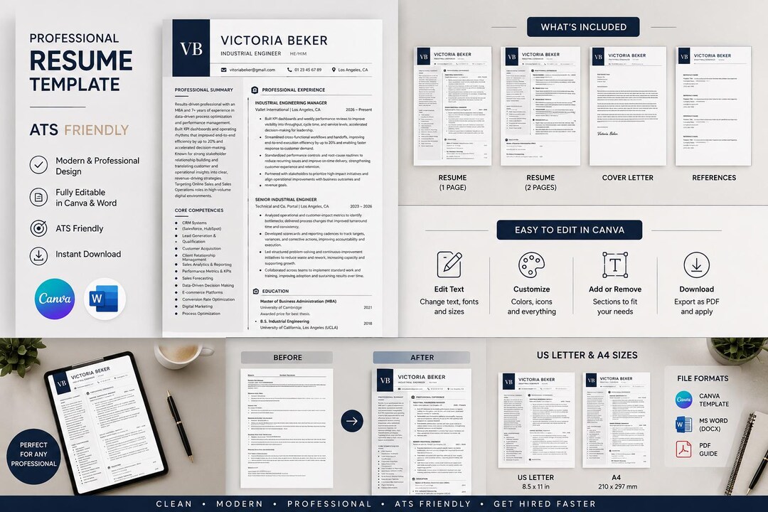 Modern Resume Template Canva | ATS Friendly Cv | Editable Resume Docx ...