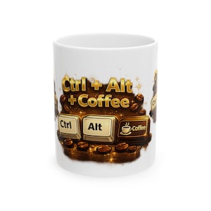Peut inclure: Un mug en céramique blanc orné d'un motif graphique avec le texte Ctrl + Alt + Coffee en lettres dorées. Sous le texte se trouvent trois touches de clavier marquées Ctrl, Alt et Coffee avec une icône de tasse, entourées de grains de café.