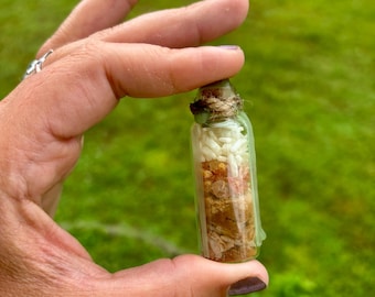 Peut inclure: Petite bouteille en verre transparent remplie d'ingrédients superposés, dont des grains blancs et des morceaux bruns, scellée avec un bouchon de liège et de la ficelle. La bouteille est tenue devant un fond vert flou.