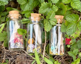 Peut inclure: Trois petits flacons en verre avec des bouchons en liège, remplis de diverses herbes séchées, cristaux et autres éléments naturels. Les flacons sont entourés de feuillage vert et d'herbe, créant une esthétique naturelle et terreuse.