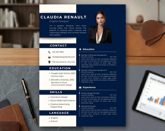 Modello di curriculum professionale moderno con design accattivante e foto per Canva (formato US Letter + A4)