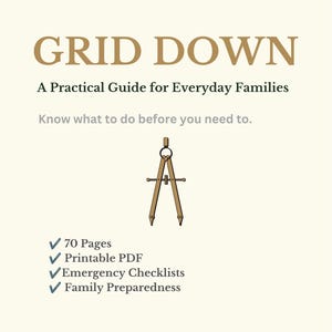 Peut inclure: Un guide numérique intitulé GRID DOWN: A Practical Guide for Everyday Families, avec une illustration de compas de dessin marron. Le texte inclut : Know what to do before you need to, 70 Pages, Printable PDF, Emergency Checklists, Family Preparedness.