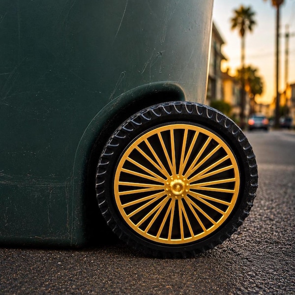Trash Cart Wheel Spinners | Custom Garbage Can Rim Covers, Dayton Style Spoke Rims, Funny Trash Bin Accessories