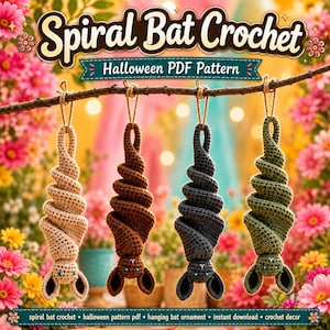 Può includere: Quattro pipistrelli all'uncinetto in beige, marrone, grigio scuro e verde oliva appesi a un ramo. Il testo recita Spiral Bat Crochet Halloween PDF Pattern. Ogni pipistrello ha un corpo a spirale, due orecchie e piccoli occhi.