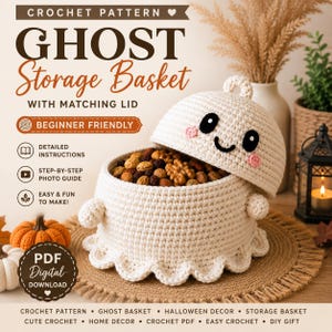 May include: A crochet pattern for a ghost storage basket with a matching lid. The off-white basket features a scalloped base, small side arms, and a lid with black eyes and pink cheeks. The basket is filled with various nuts and dried fruits.
