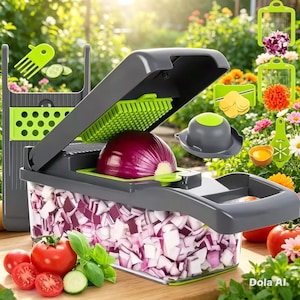 May include: A gray and lime green vegetable chopper with a clear storage container filled with diced red onion. The device features a hinged lid with a green grid press, a safety food holder, and various interchangeable blade inserts for slicing.