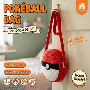 May include: A round, crocheted bag designed to resemble a Pokeball, featuring red, white, and black yarn sections with a central white button. The bag includes a long, matching red crocheted shoulder strap and a silver-toned metal zipper closure.