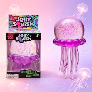 Peut inclure: Un jouet Nee Doh Jelly Squish en forme de méduse avec un dôme violet translucide rempli de paillettes et une base violette festonnée avec des tentacules pendants. Le produit est présenté à côté de son emballage en carton avec du texte coloré.