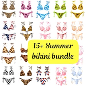 May include: A collection of colorful bikini sets with various patterns, including animal prints, stars, and patriotic designs. The image includes the text "15+ Summer bikini bundle".