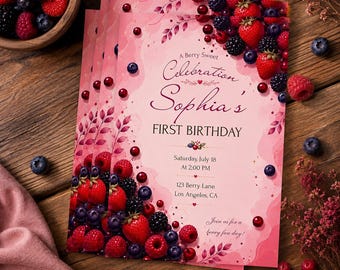 Strawberry 1st Birthday Invitation Template, Editable Canva, Pink Berry Birthday Invite, Digital Download.