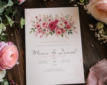 Pink Floral Wedding Invitation Suite, Editable Canva Template (Instant Download)