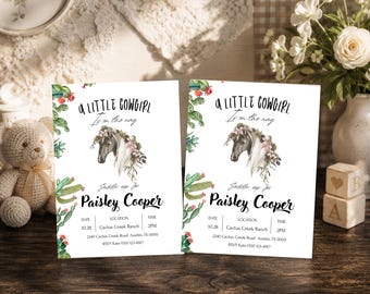 Western Cowgirl Baby Shower Invitation, Horse Floral Cactus Design (Digital Download)