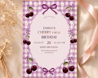 Cherry 1st Birthday Invitation Template, Editable Canva, Digital Download, Berry Party Invite for Girls