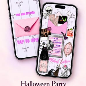 May include: Two smartphones displaying a digital Halloween party invitation website. The screens feature a light background with bow patterns, pink envelopes with wax seals, text reading YOU ARE INVITED, TAP TO OPEN, 14 TH October 2026, and RSVP.