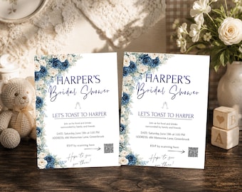 Navy Blue Floral Bridal Shower Invitation Template | Editable Canva Wedding Shower Invite (Digital Download)