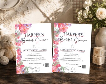 Floral Pink Bridal Shower Invitation, Editable Canva Template (Instant Download)