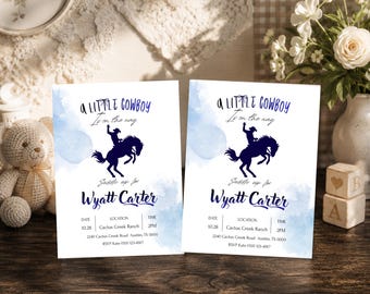 Little Cowboy Baby Shower Invitation, Western Theme, Editable Canva Template (Digital Download)