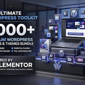 May include: An advertisement for a WordPress toolkit. The image features a laptop, tablet, and smartphone displaying website designs. The text reads "THE ULTIMATE WORDPRESS TOOLKIT" and "3000+ PREMIUM WORDPRESS PLUGINS & THEMES BUNDLE". The toolkit is powered by Elementor.