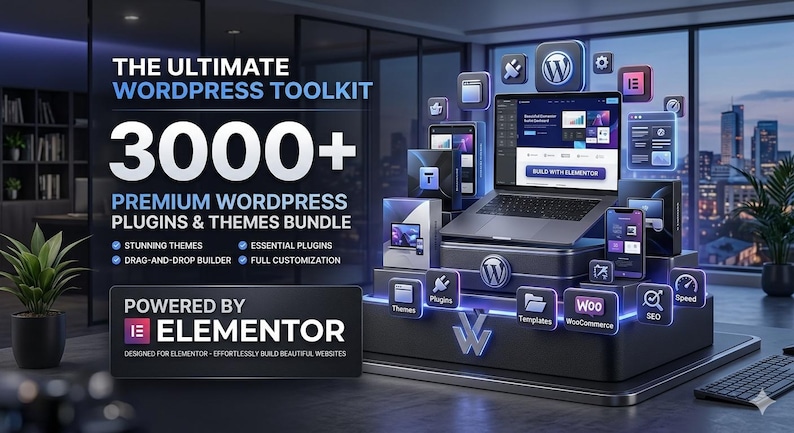 K&ouml;nnte beinhalten: Werbung f&uuml;r ein WordPress-Toolkit. Das Bild zeigt einen Laptop, ein Tablet und ein Smartphone, die Website-Designs anzeigen. Der Text lautet "THE ULTIMATE WORDPRESS TOOLKIT" und "3000+ PREMIUM WORDPRESS PLUGINS & THEMES BUNDLE". Das Toolkit wird von Elementor betrieben.