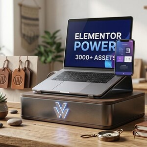 K&ouml;nnte beinhalten: Ein Laptop und ein Smartphone zeigen den Text "Elementor Power 3000+ Assets". Die Ger&auml;te stehen auf einem Holz- und Metallst&auml;nder. Weitere Artikel sind Lederanh&auml;nger, eine Sukkulente und ein Kompass auf einem Holztisch.