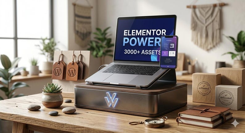 K&ouml;nnte beinhalten: Ein Laptop und ein Smartphone zeigen den Text "Elementor Power 3000+ Assets". Die Ger&auml;te stehen auf einem Holz- und Metallst&auml;nder. Weitere Artikel sind Lederanh&auml;nger, eine Sukkulente und ein Kompass auf einem Holztisch.